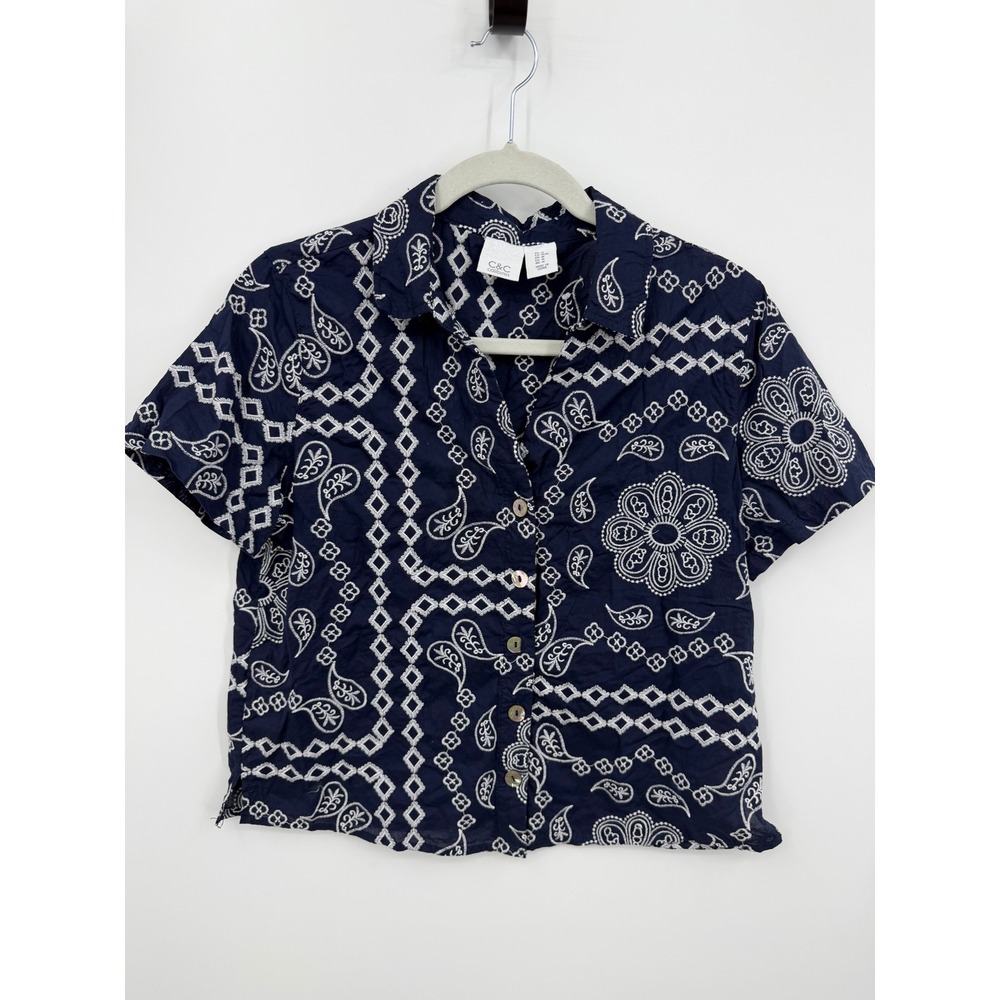 C&C California Bandana Embroidered Top Women Size Medium Navy Blue Paisley Boho